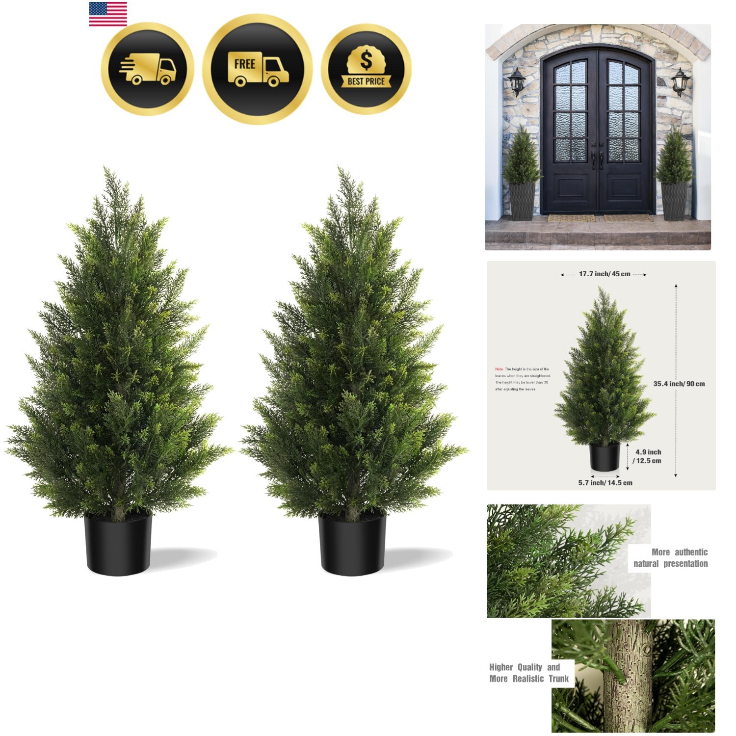 Artificial Cedar Tree Faux Evergreen Bush Plants Outdoor Indoor Decor 3ft Set…