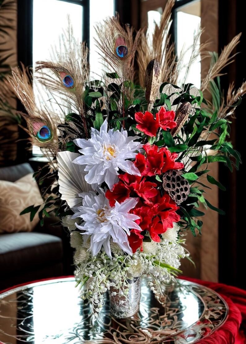 Earthy Red & White Floral Arrangement: Peacock Home Decor, Table Centerpiece