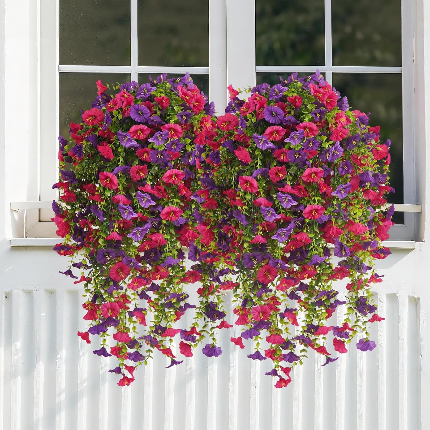 4 Bundles Artificial Hanging Flowers for Outdoors, UV Resistant Fake Morning Glo