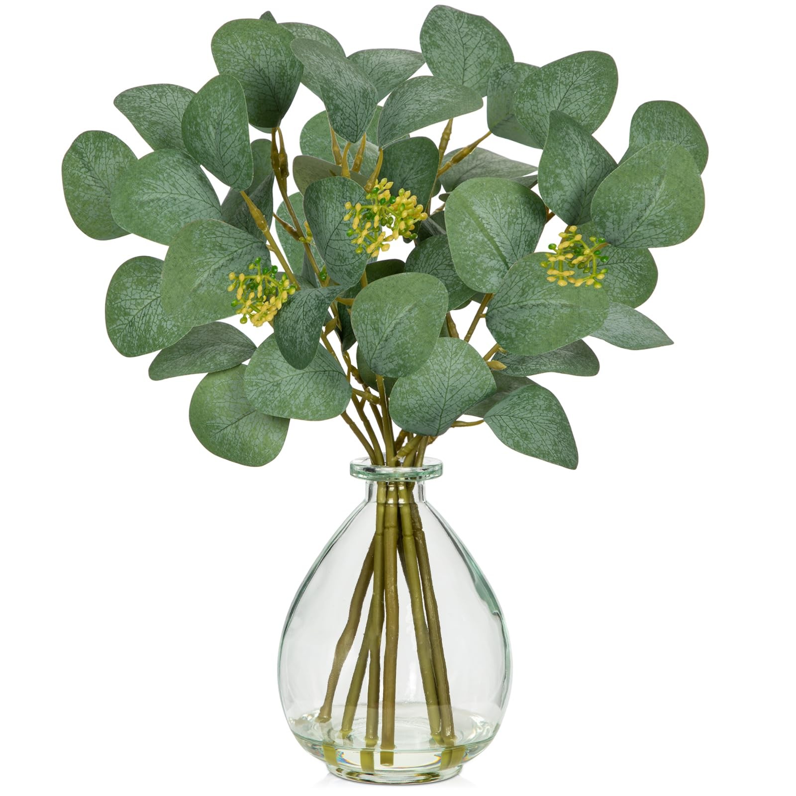 Artificial Eucalyptus Stems in Glass Vase with Faux Water, 13″ Fake Plant Euc…