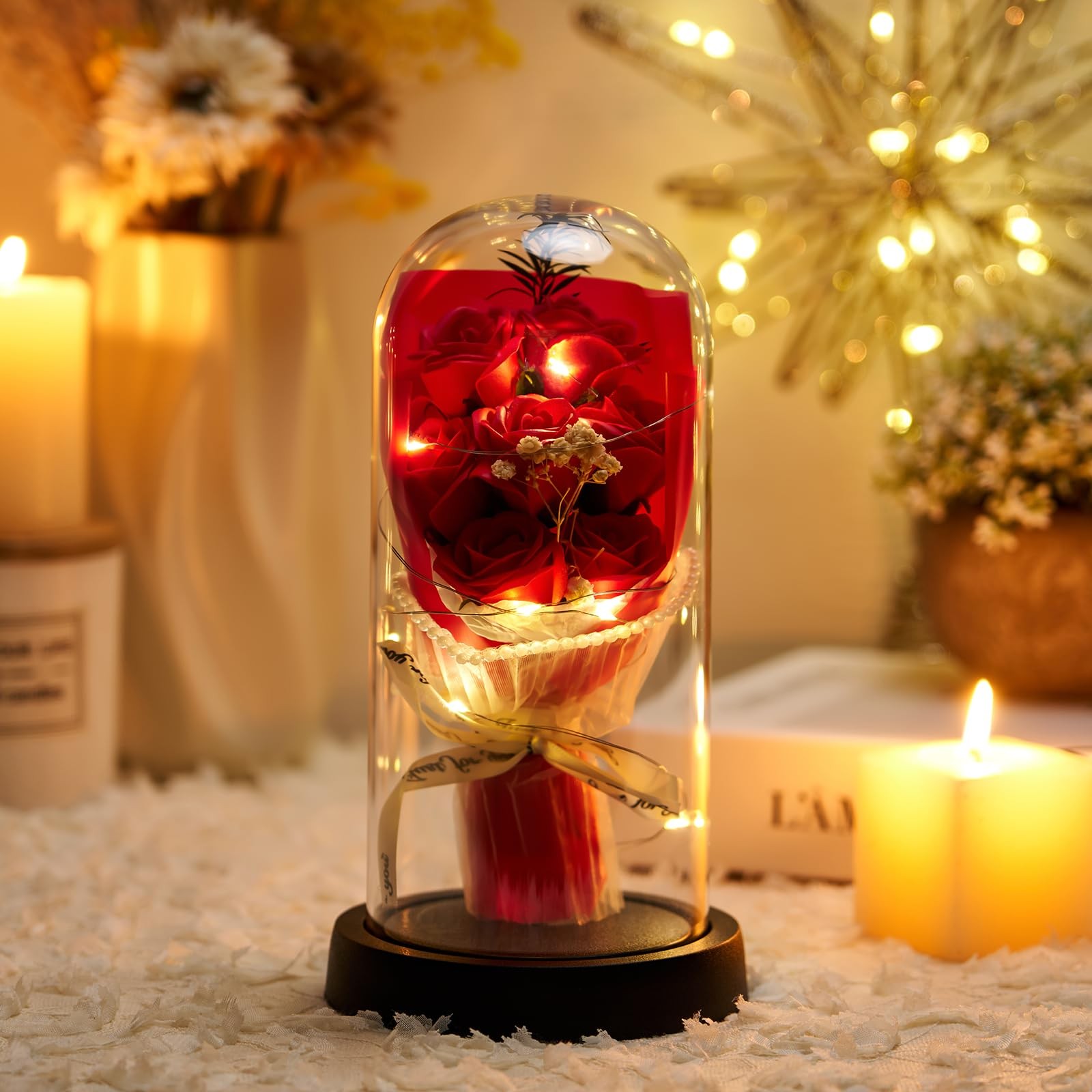 Forever Rose Light Up Preserved Red Rose in Glass Dome, Artificial Flower Gif…