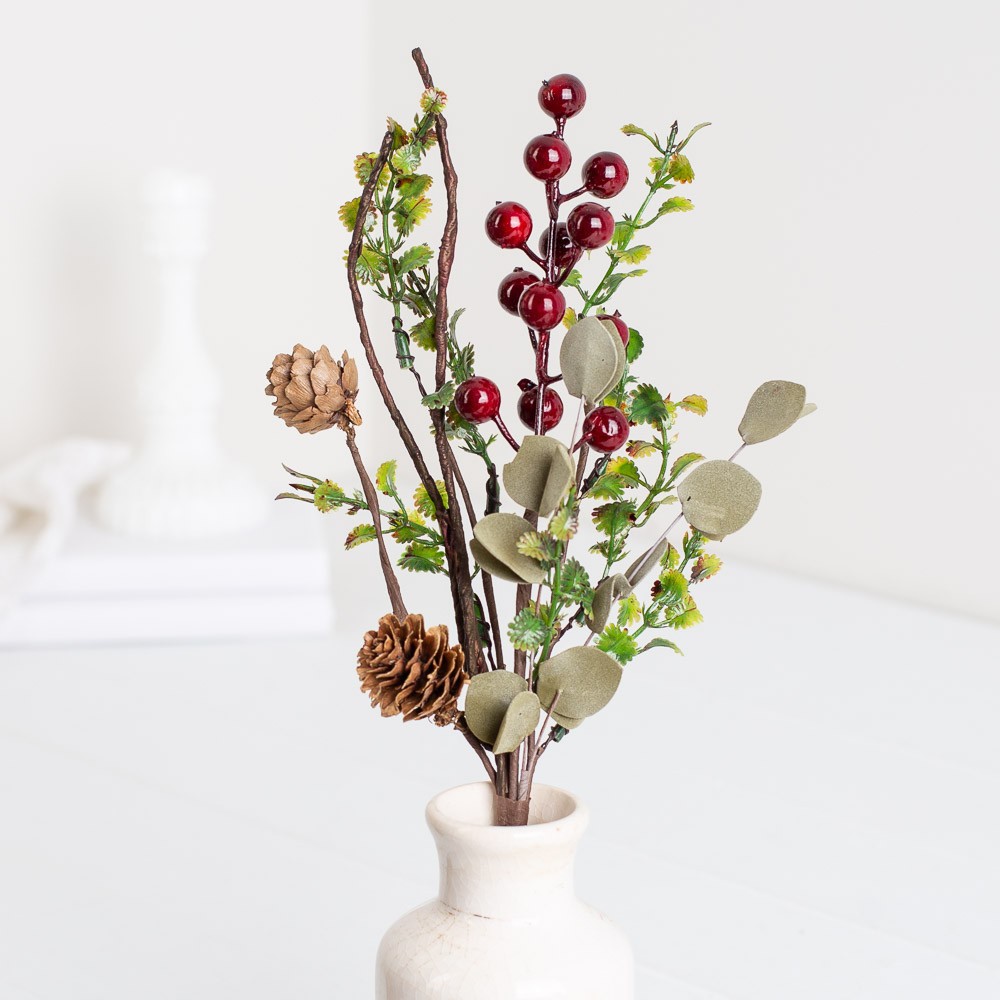 4 Decorative Felt Leaf Eucalyptus and Bright Red Berry Floral Sprays