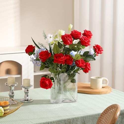 12PCS Artificial Silk Flowers Realistic Roses Bouquet 6 Flowers 6 Buds Red
