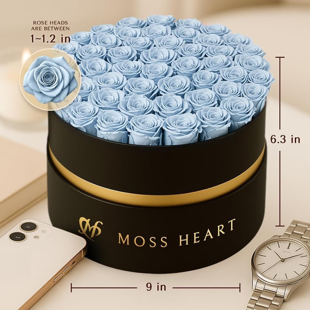 50 Petite Preserved Roses, Designer Round Box, Real Forever Roses Last 1+ Yea…