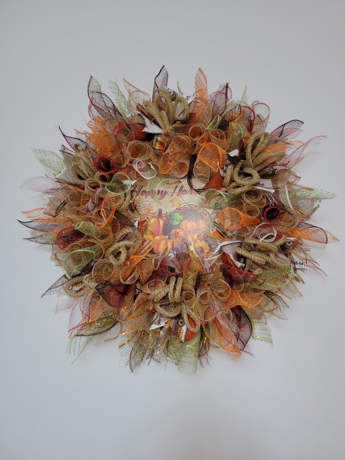 HAPPY HARVEST autumn Spring Mesh Front Door Wreath Wall Decor Bright colors