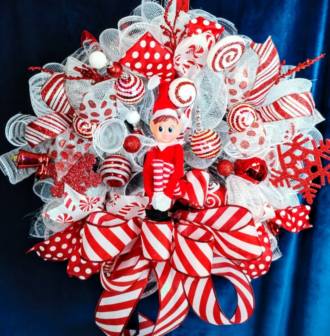 Christmas Elf Front Door Wreath Large 24″ Handmade Deco Mesh Holiday Decoration