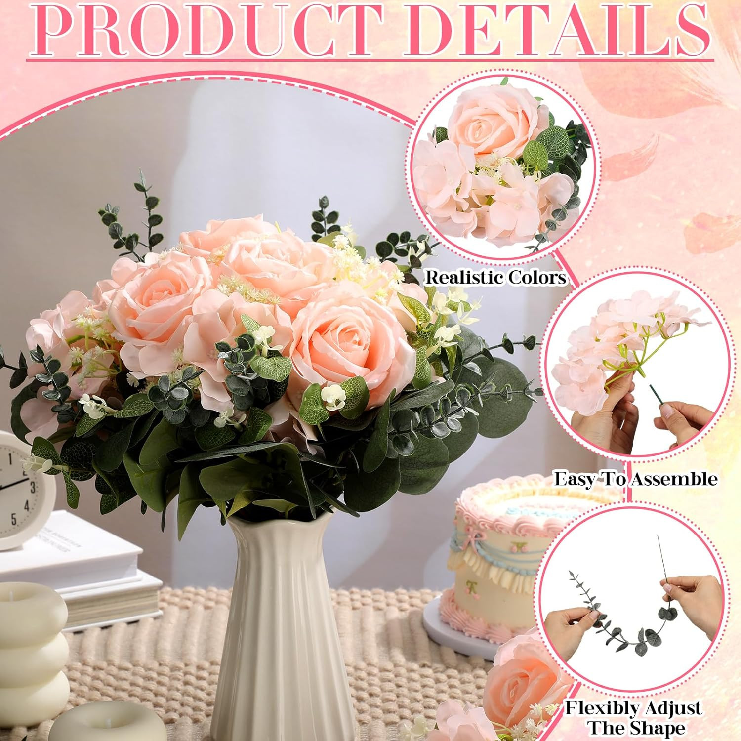 310 Pcs Pink Artificial Rose & Hydrangea Bouquet for Wedding Decor