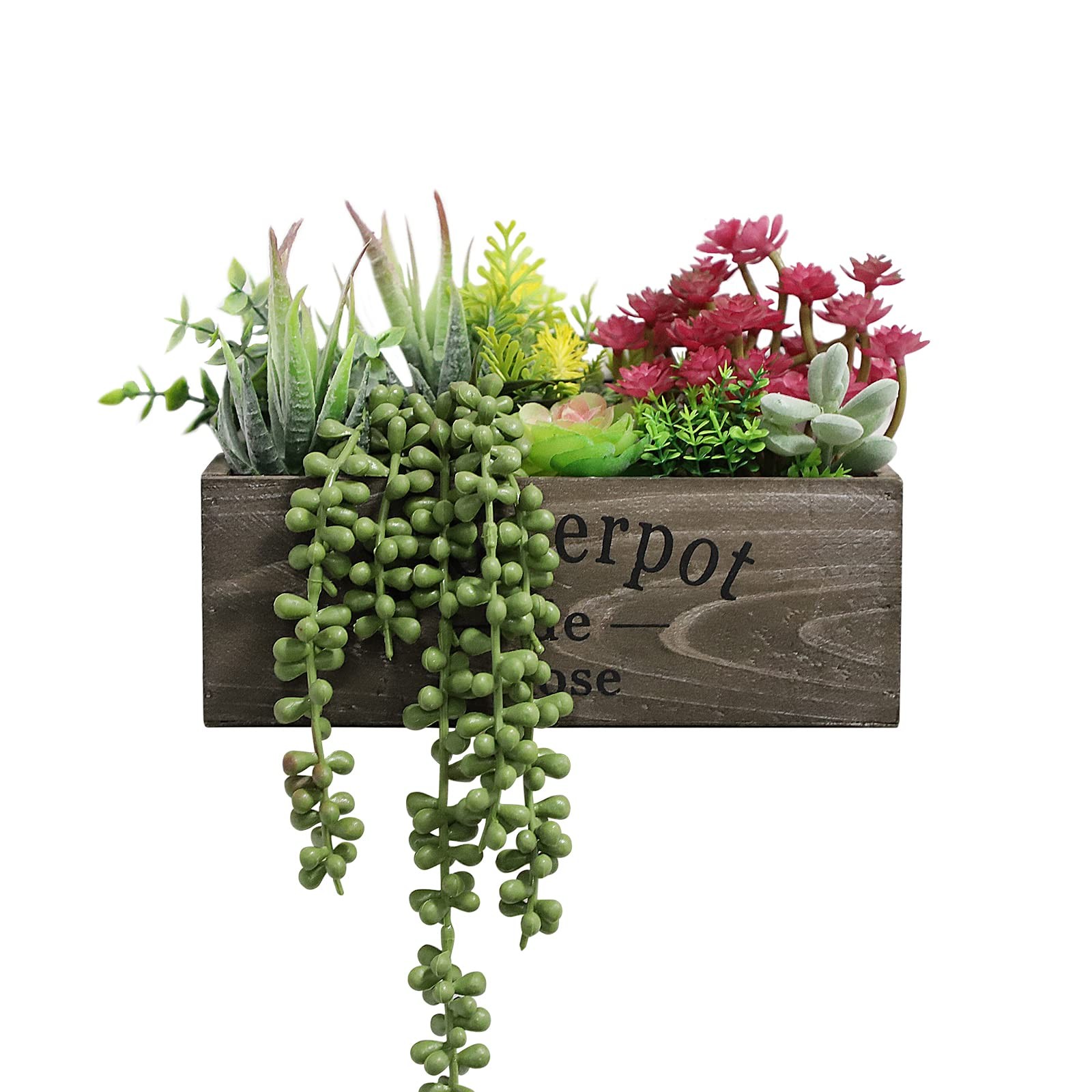 Artificial Succulent Arrangement Wooden Planter Fake Rustic Box Faux Pot Decor