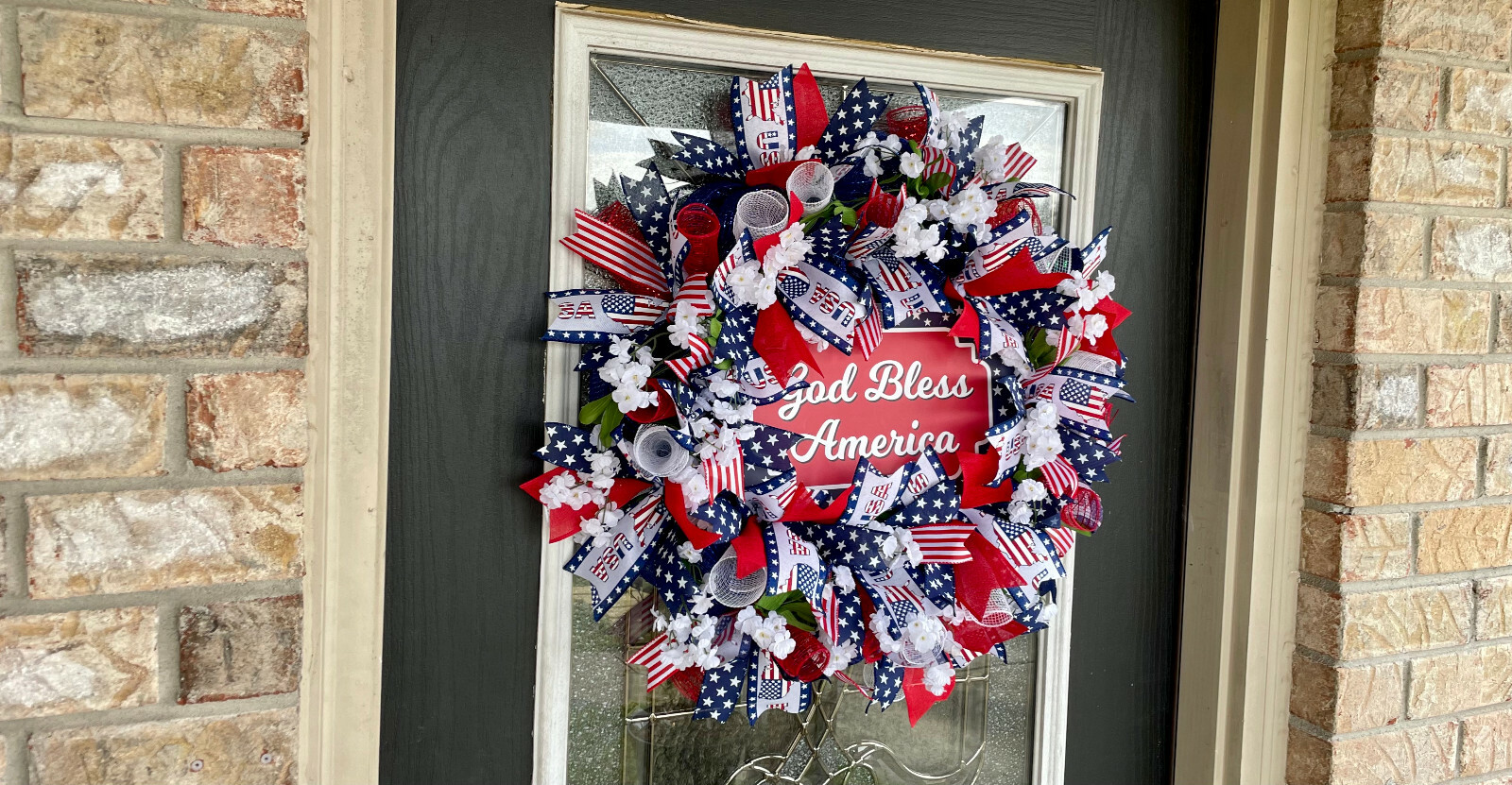 Patriotic USA God Bless America Floral 4th of July Deco Mesh Front Door Wreath