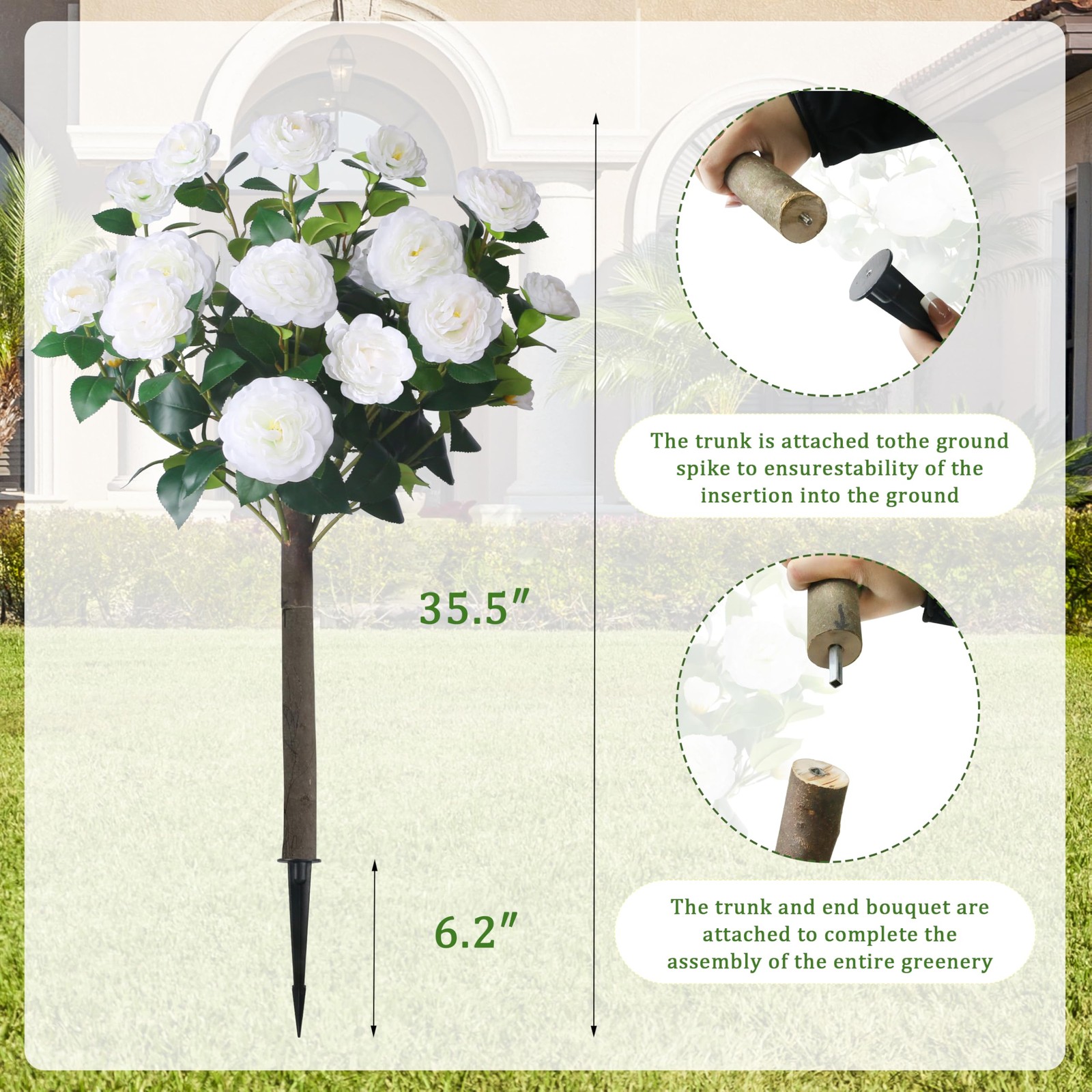 35.5″ Set of 2 Artificial Camellia Tree, Faux White Camellia Flowers Plant wi…