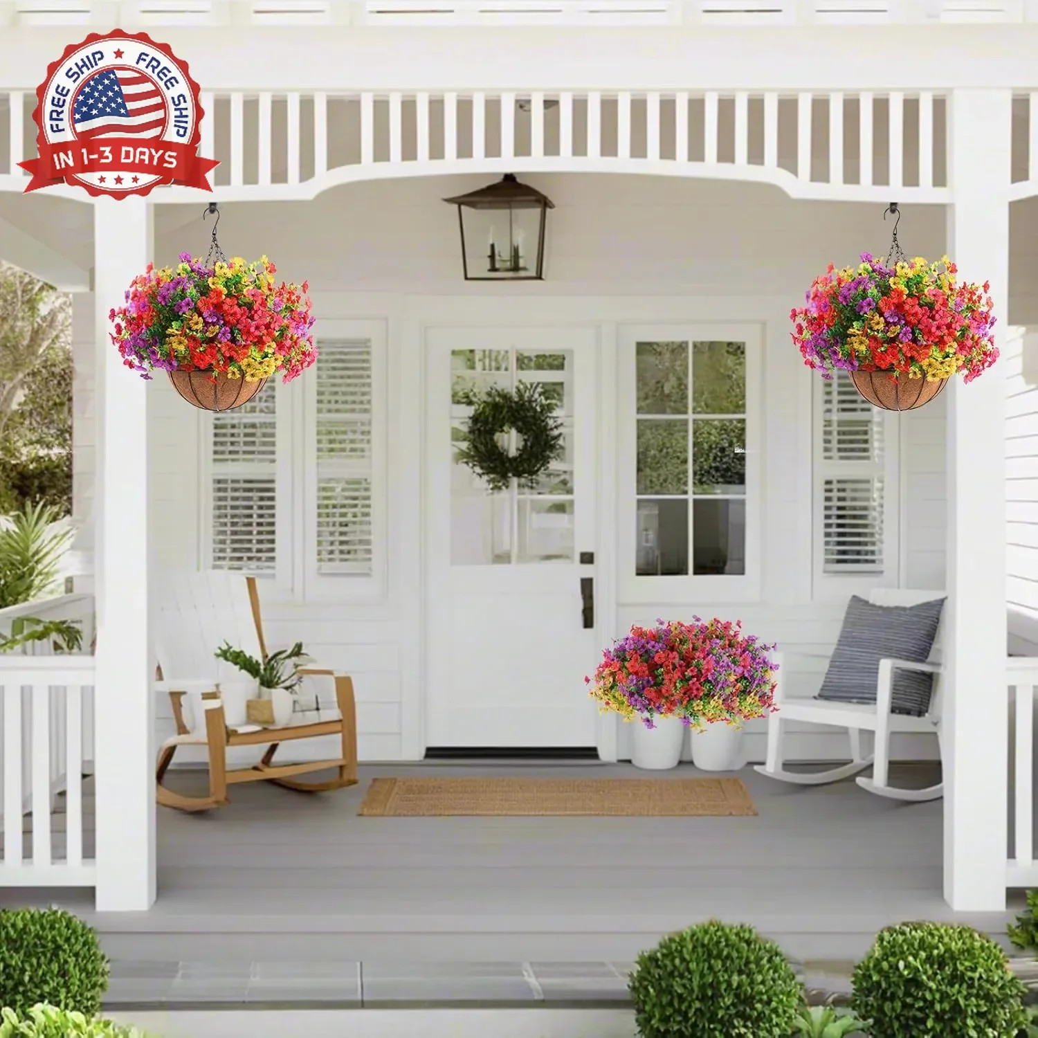 Hananona 2 Set Artificial Outdoor Flowers with Hanging Basket, 2 Hanging Planter