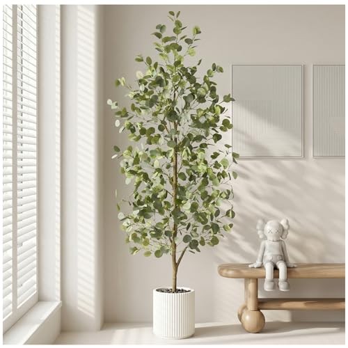 Tall Fake Eucalyptus Plant, Green Silver Dollar Leaves Faux Tree, 6FT 1 White