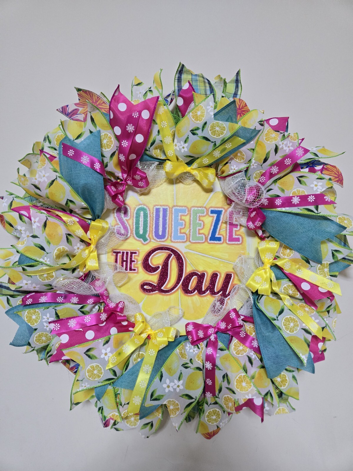 WREATH SQUEEZE THE DAY Spring SUMMER Fall Front Door Wall Decor BIG bright every
