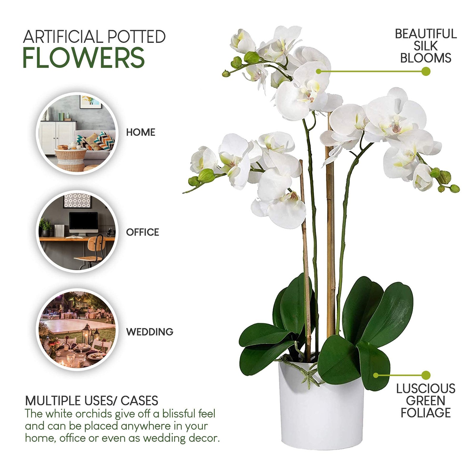 3 White Realistic Phalaenopsis Orchids in Pot, Artificial Potted Flowers – Be…