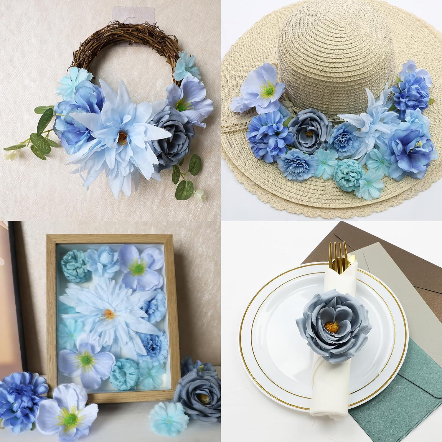 56 PCS Faux Flower Heads Combo Blue Silk Flowers Mix Peony Rose Hydrangea Fak…