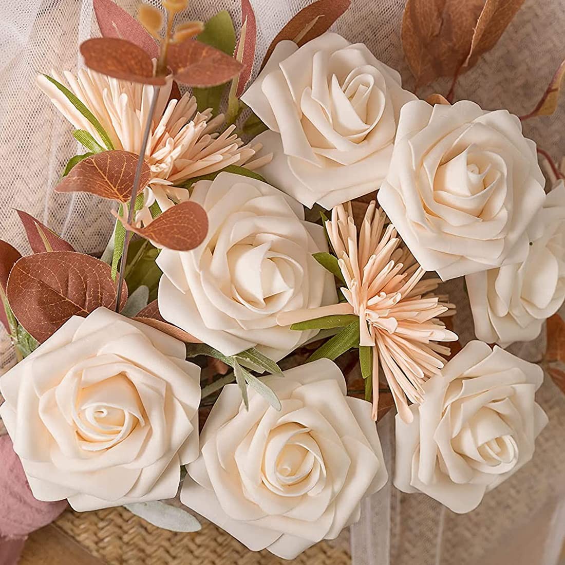 Artificial Flowers Champagne Roses W/Stem, Rustic Farmhouse Decor for Home We…