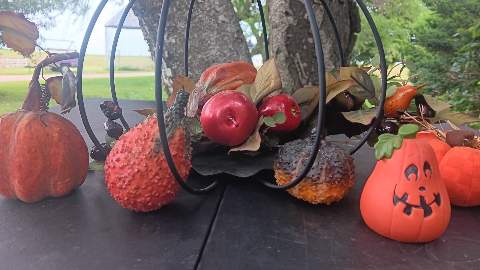 Artificial Pumpkin Apple Centerpiece in Black Metal Frame Halloween 12×24″