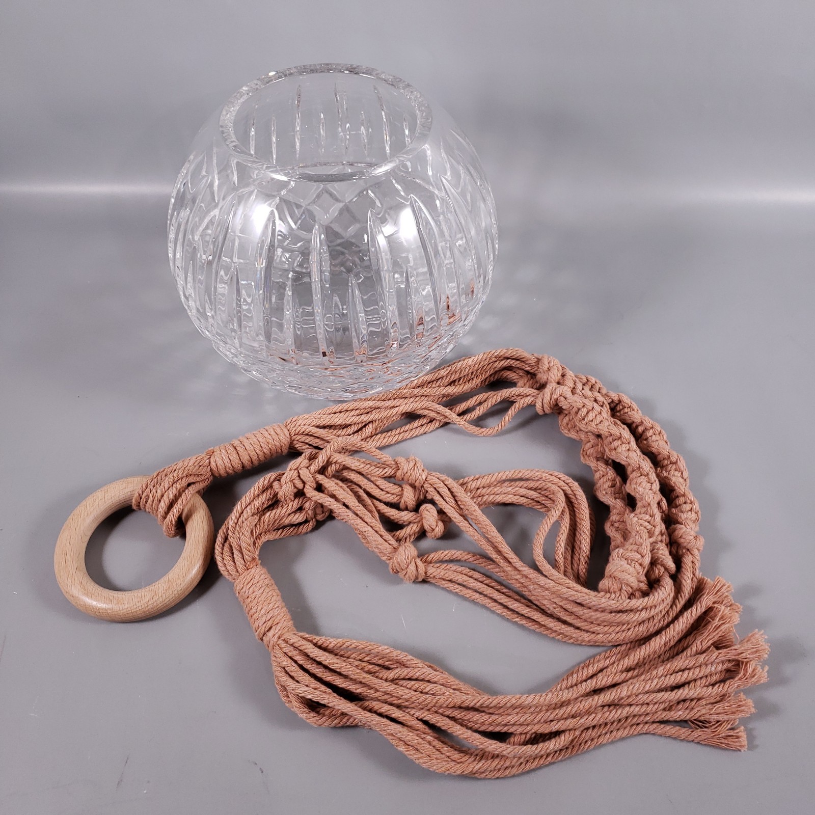 MCM Bohemian Clear Cut Crystal Rose Bowl & Brown Macrame Plant Hanger SET