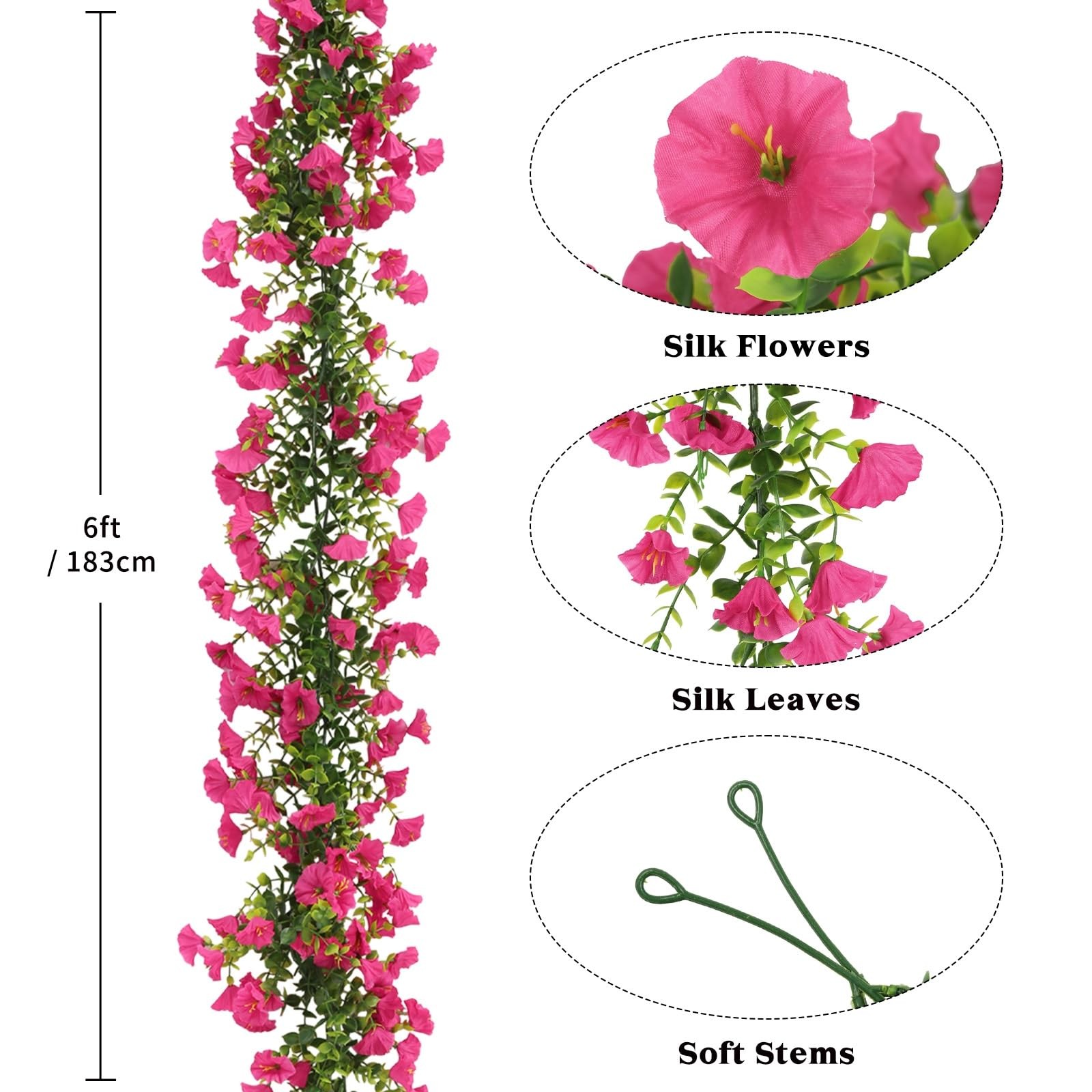 2 Pack Hot Pink Artificial Petunias Flowers Vine Garlands for Outdoor, 6FT Fa…