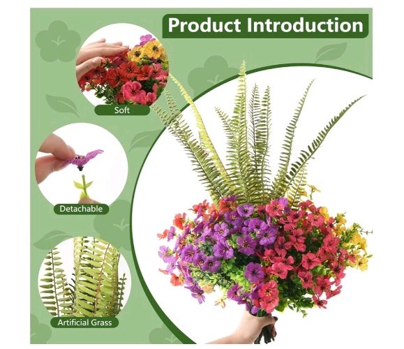 12 Bundles UV Resistant Fake Outdoor Flowers Faux Fern Realistic Plants Garden
