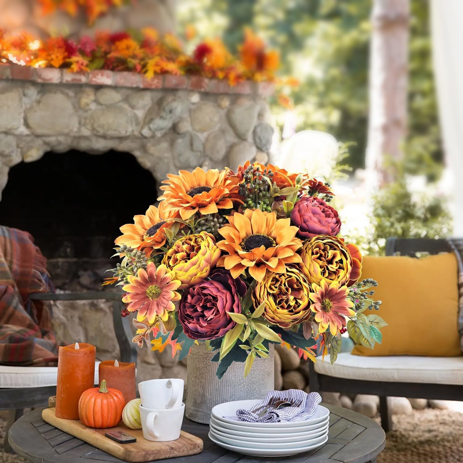 3 Pcs Fall Flowers Artificial Mums Silk Bouquet Faux Poeny Sunflowers Floral Fak