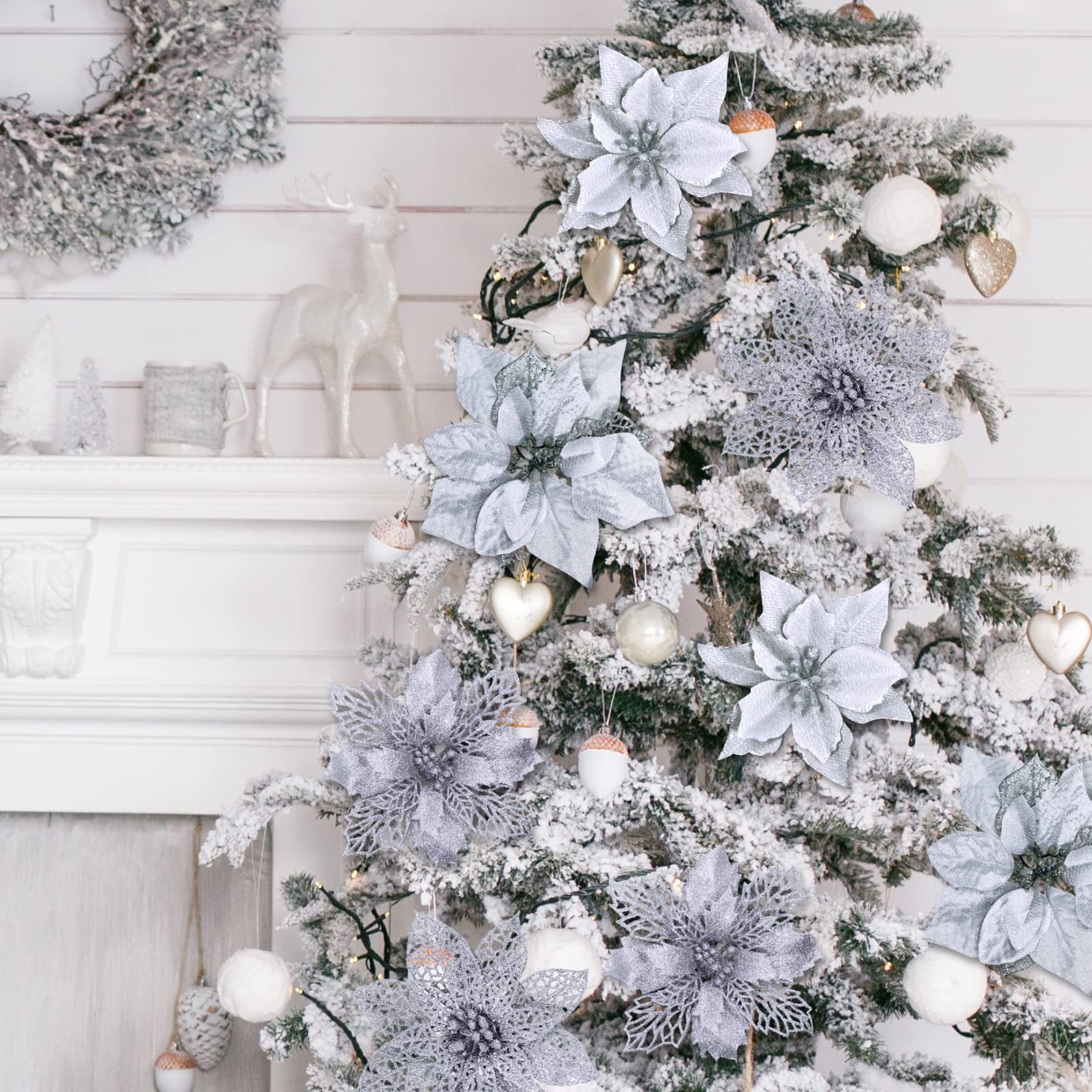 24 Pcs 4 Styles Christmas Silver Metallic Mesh Glitter Artificial Poinsettia Flo