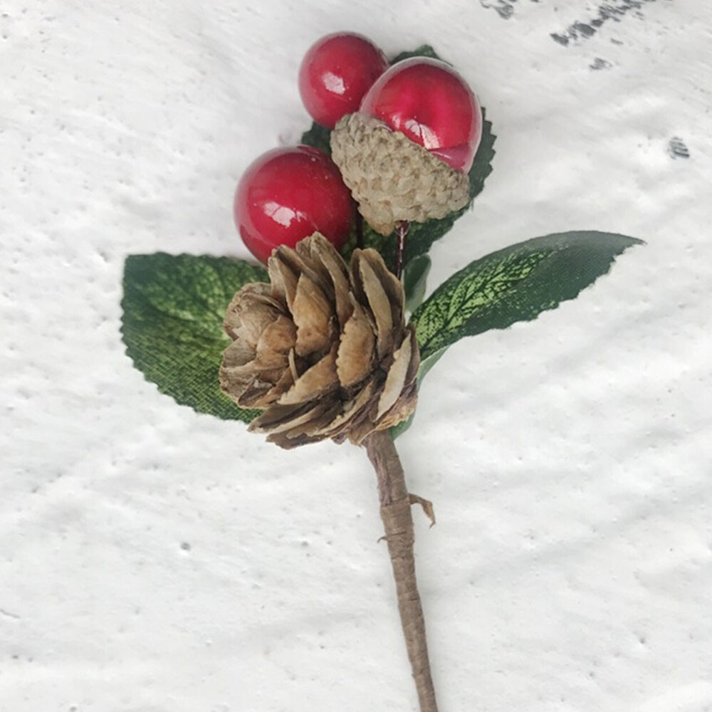 5Pcs Pine Picks Artificial Christmas Picks Red Berry Pine Cones Stems Green