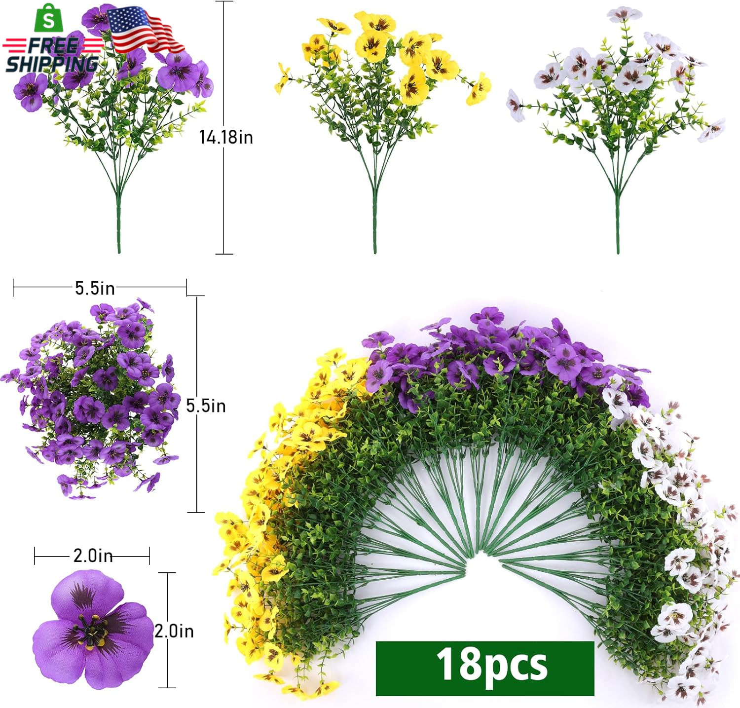 18 Pcs Artificial Fake Pansy Flowers for Outdoor, Faux Silk Pansies Spring Flowe