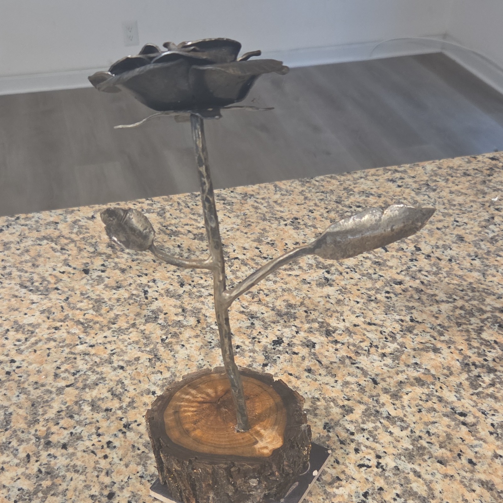 Artificial Metal Rose Flower Table Decor Sculpture on Wood Base Bronze/Brown