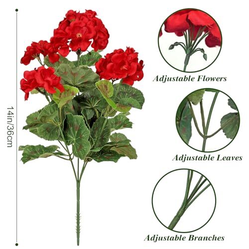 Artificial Red Geranium Silk Flowers Outdoor Plant Bush 2 Bundles Geranium Red