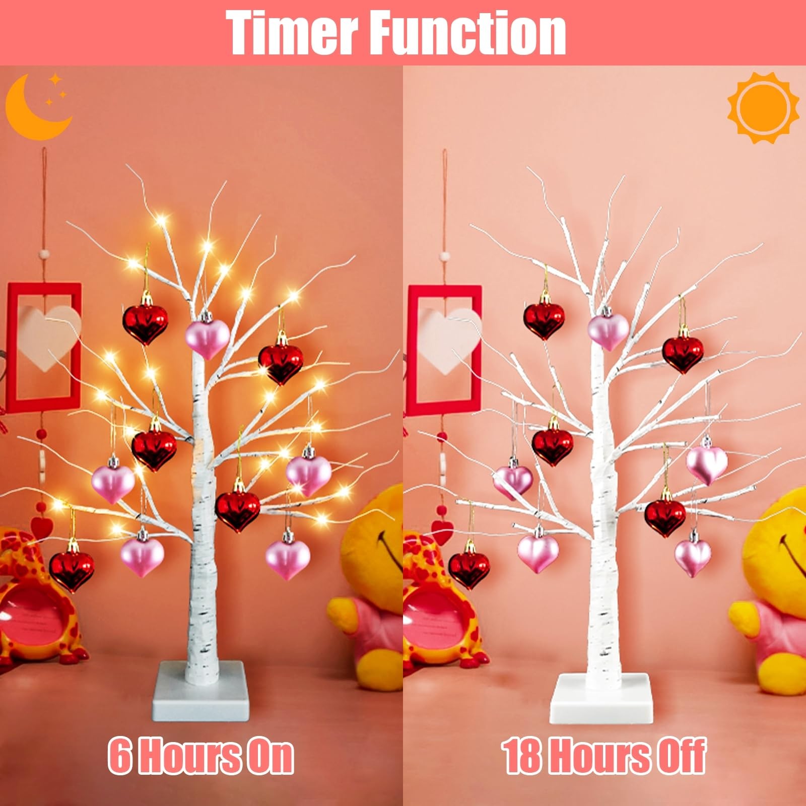 2 PCS 24 Inch Lighted Birch Tree 10 Heart Ornaments 24 LED Tabletop Decor Lamp