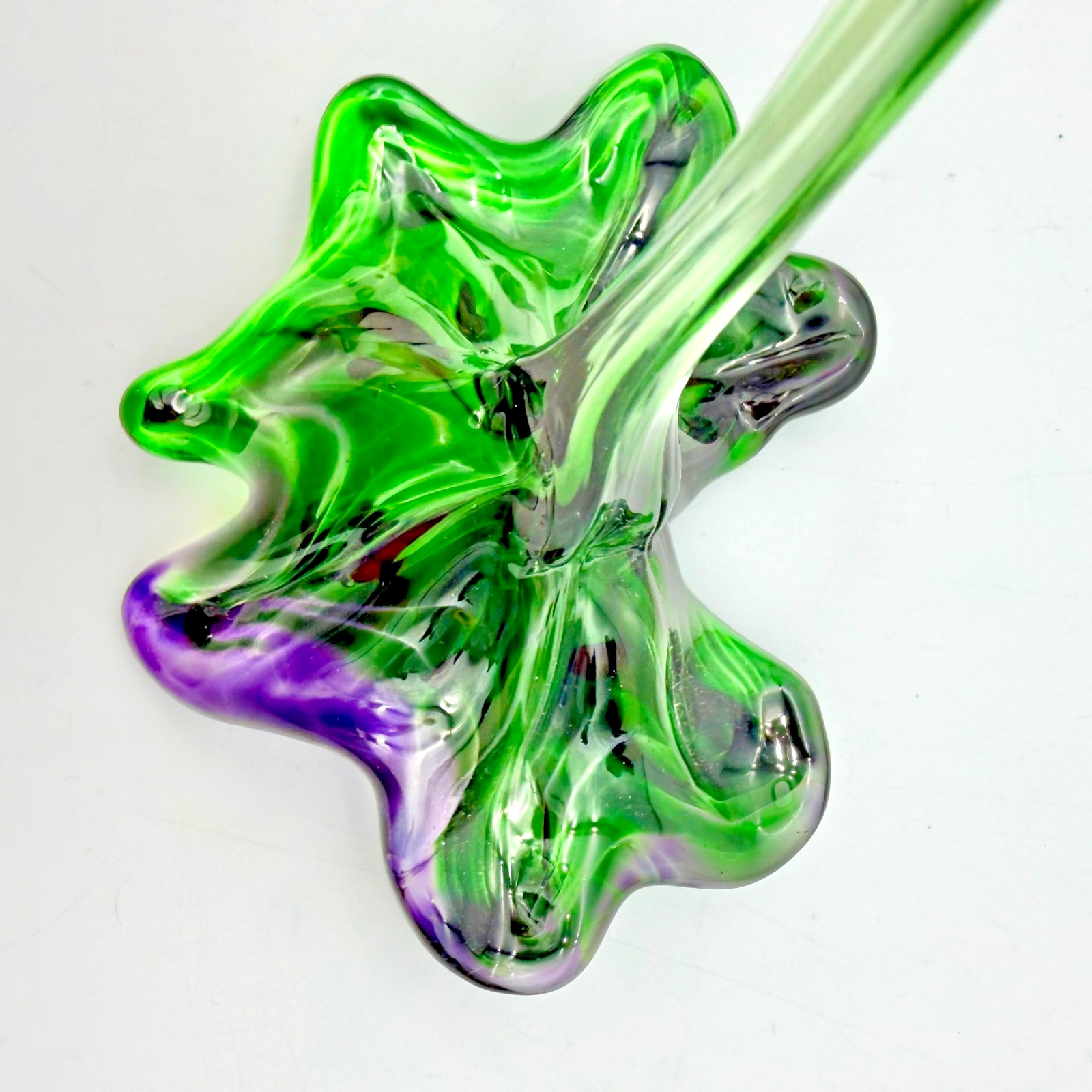 Vtg Hand Blown Art Glass Flowers Murano Style Green Purple Yellow Frit Set 2