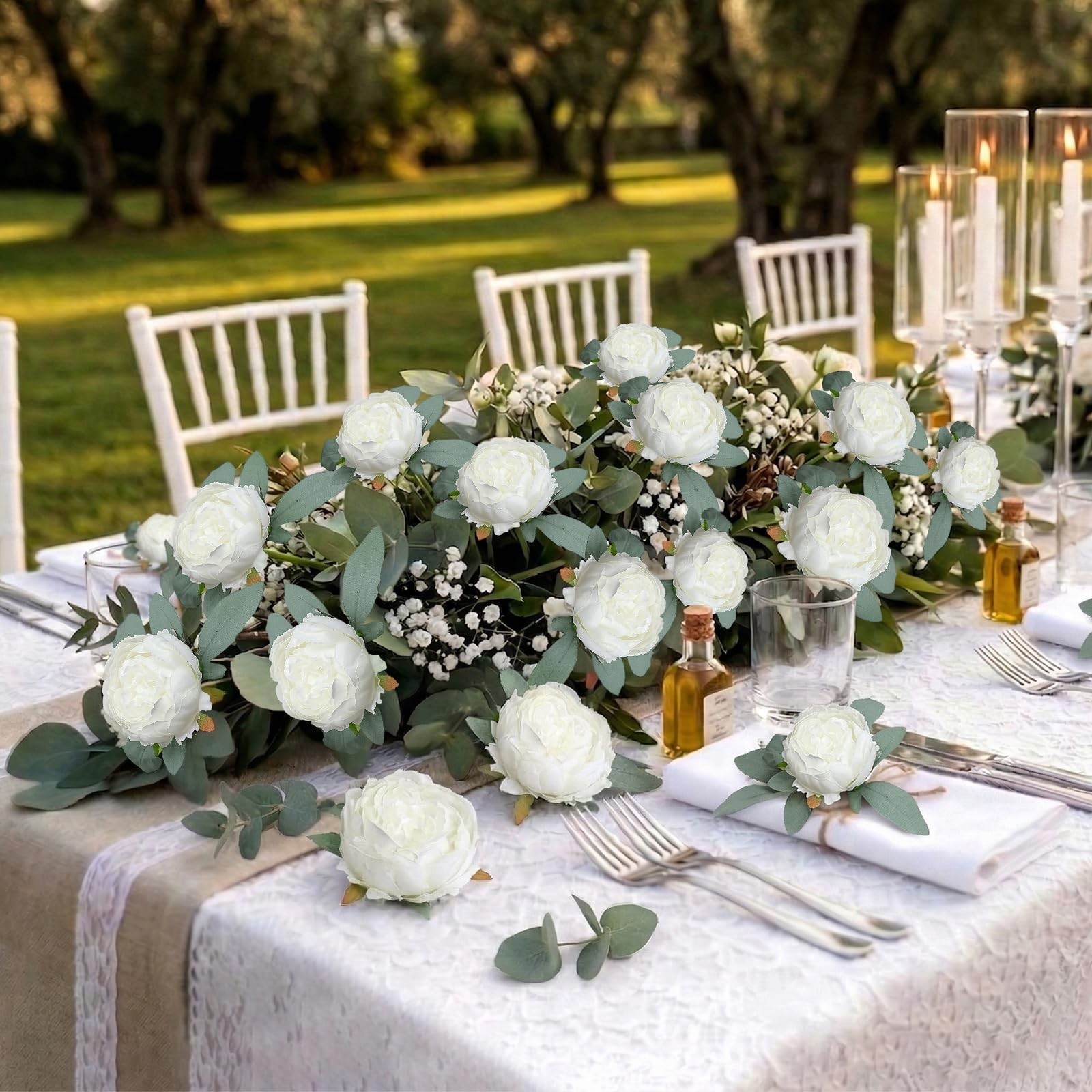 50 PCS Artificial Peonies Flowers Bulk 4 White Fake Heads Faux Silk Wedding