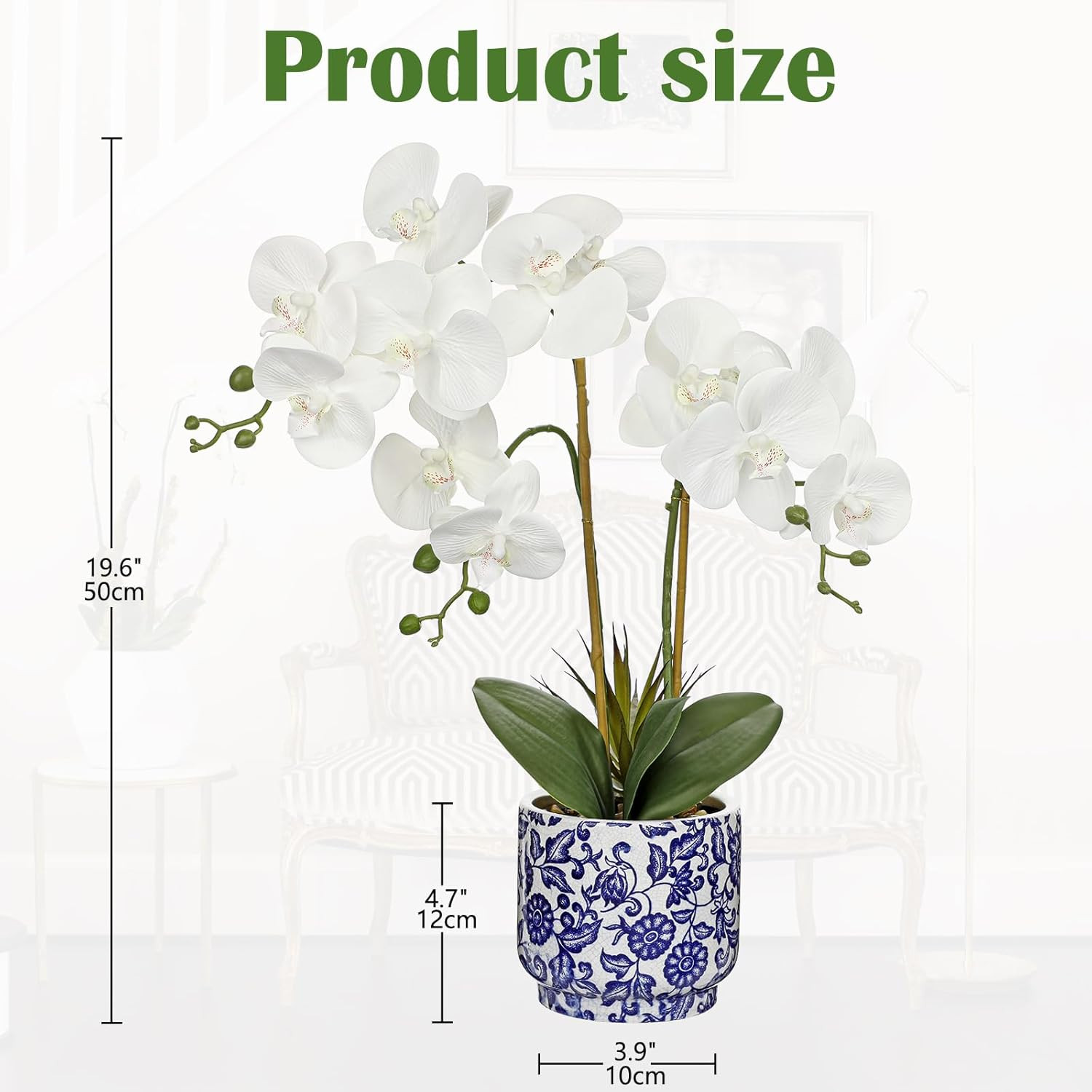 White Orchid Silk Arrangement in Blue and White Ceramic Pot for Home Decor