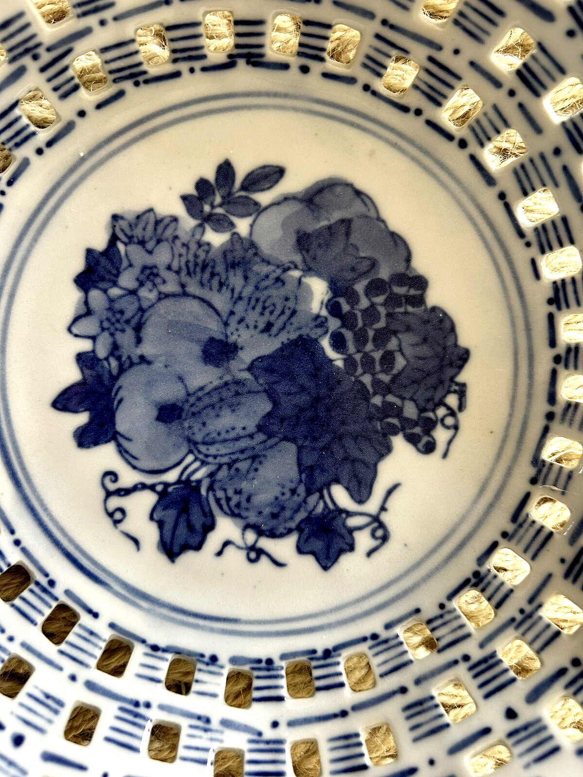 Hand-Painted 8 Ceramic Chinoiserie Perforated Basket – Signed Asian Fruit Decor