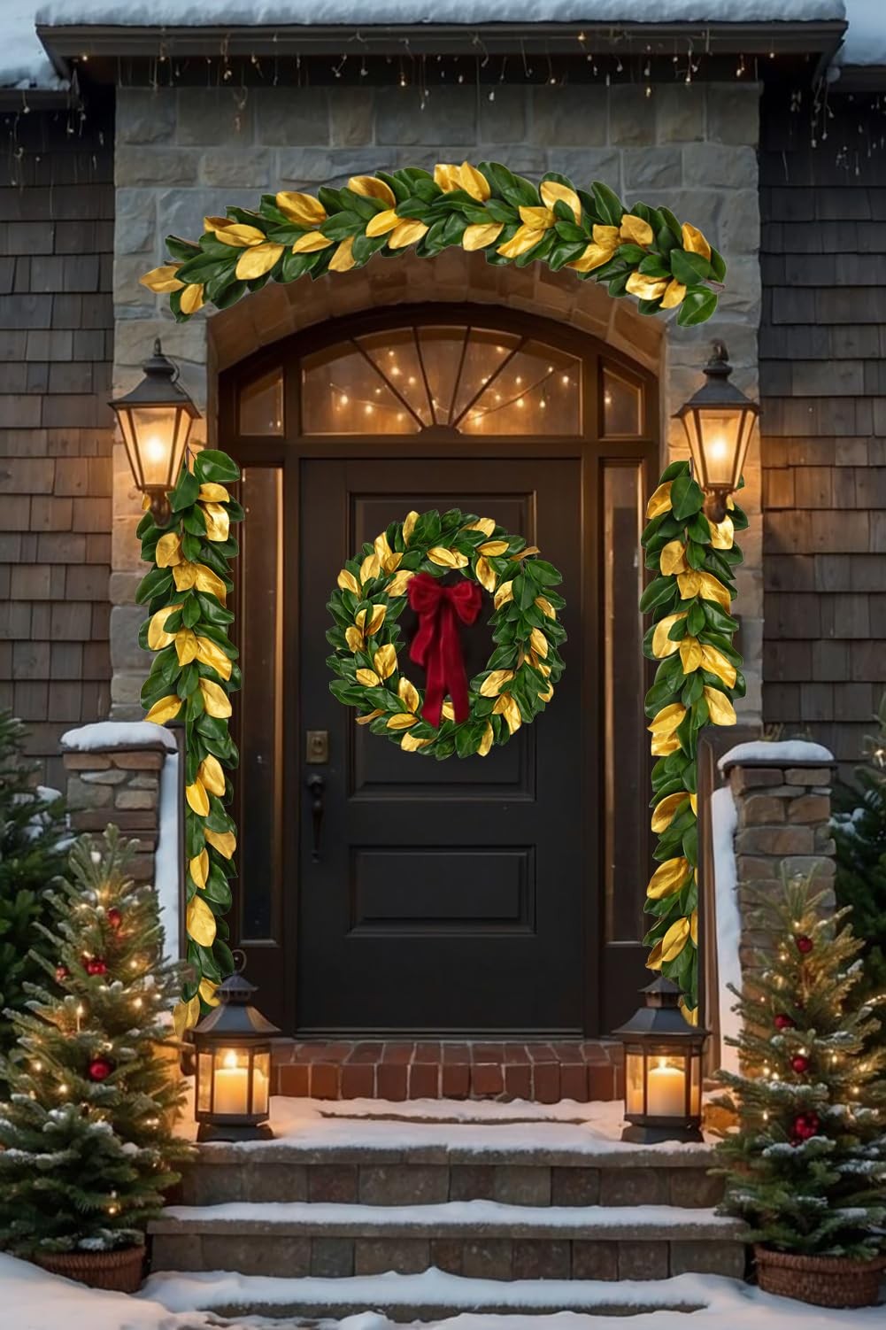 5 Feet Artificial Christmas Garland Fake Gold and Green Magnolia Leave Garlan…