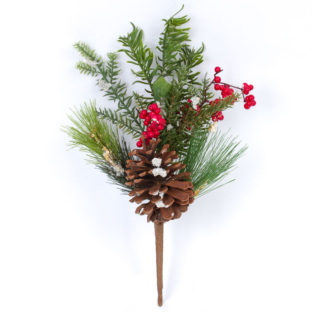 Lot of 2 Artificial Snowy Pine 16″ Spray with Berries and Pinecone