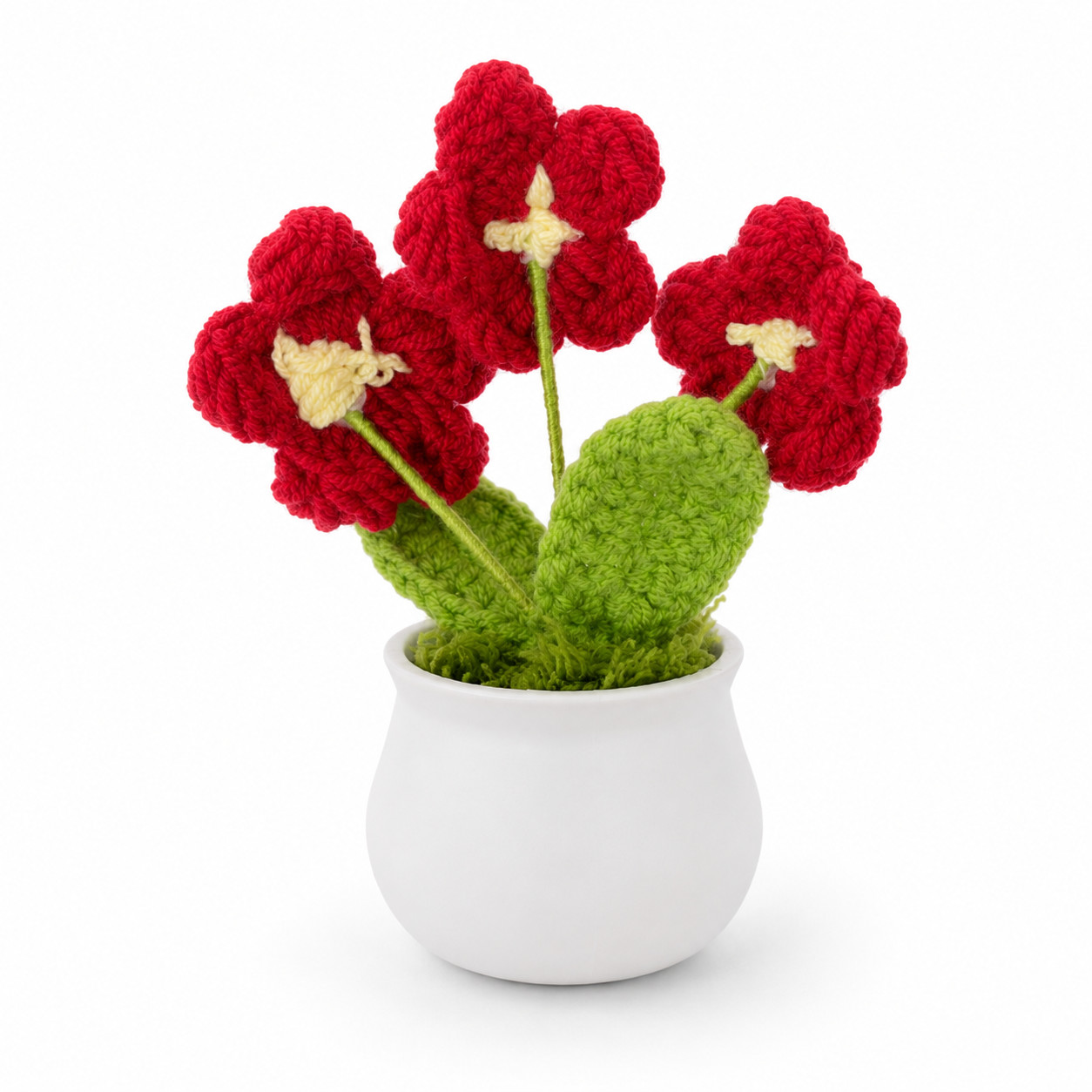 Red Crochet Flower Mini Potted Desk Shelf Decor Flexible Stems