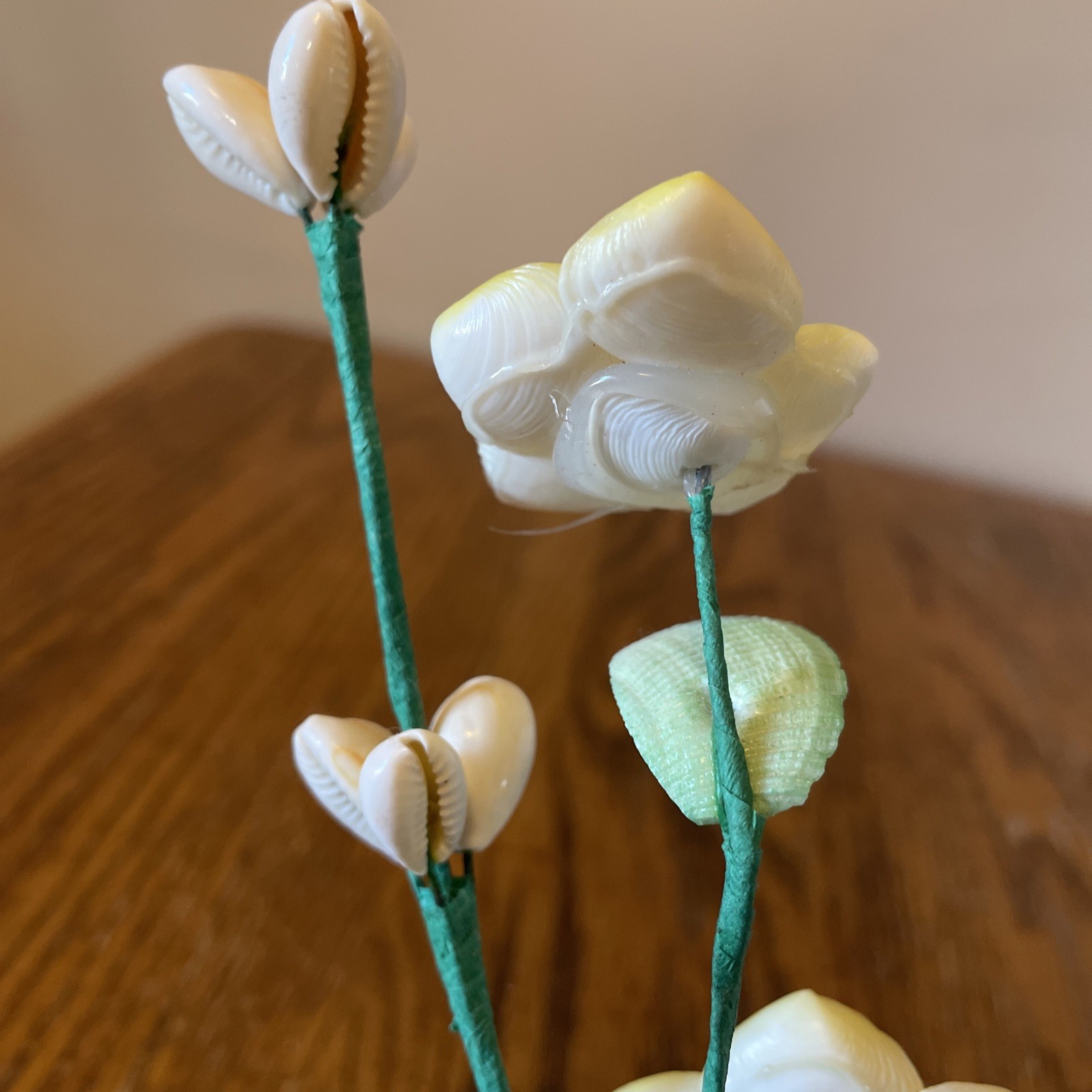 Vintage Handmade Sea Shell Bouquet of Yellow Flowers Floral Arrangement Kitsch