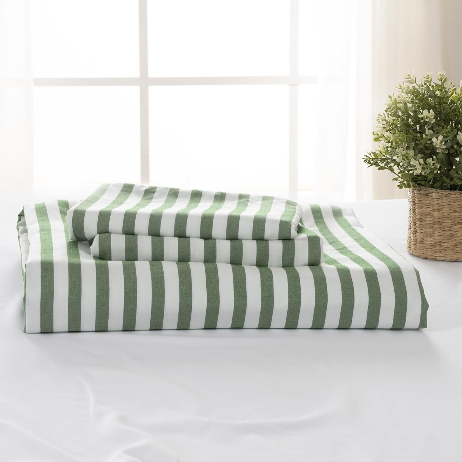 Soft Green Striped Queen Duvet Cover Set with Button Closure & Pillow Cases