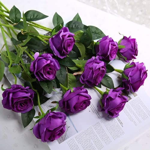 Laelfe 12 pcs Artificial Roses Flowers Long Stem Fake Silk Rose for Home