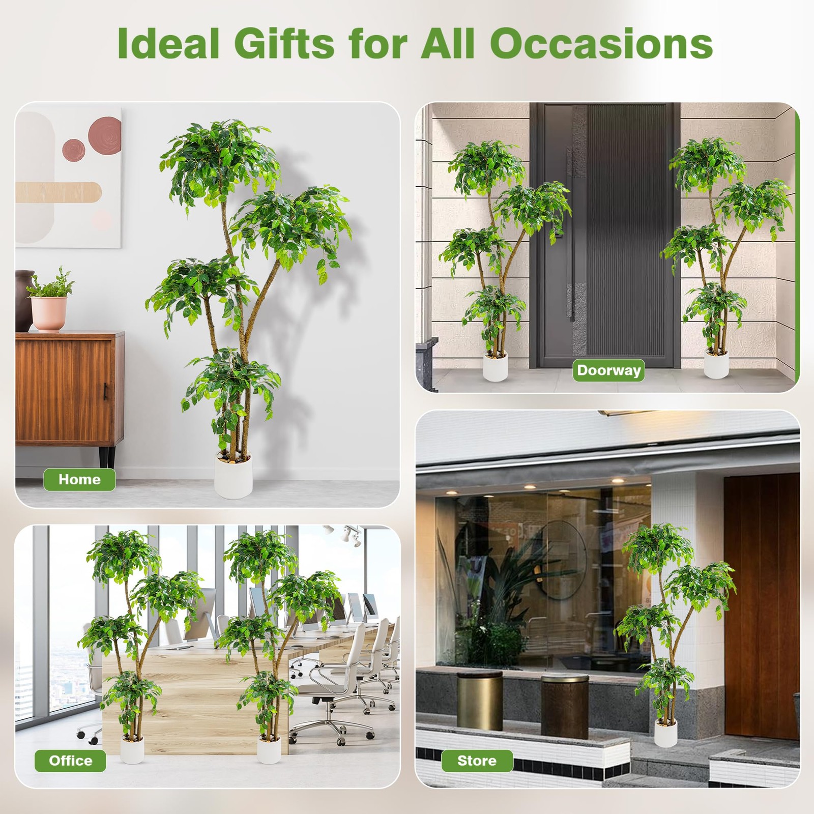 6FT Artificial Ficus Tree with White Planter and Pebbles,Faux Silk 6ft, Green