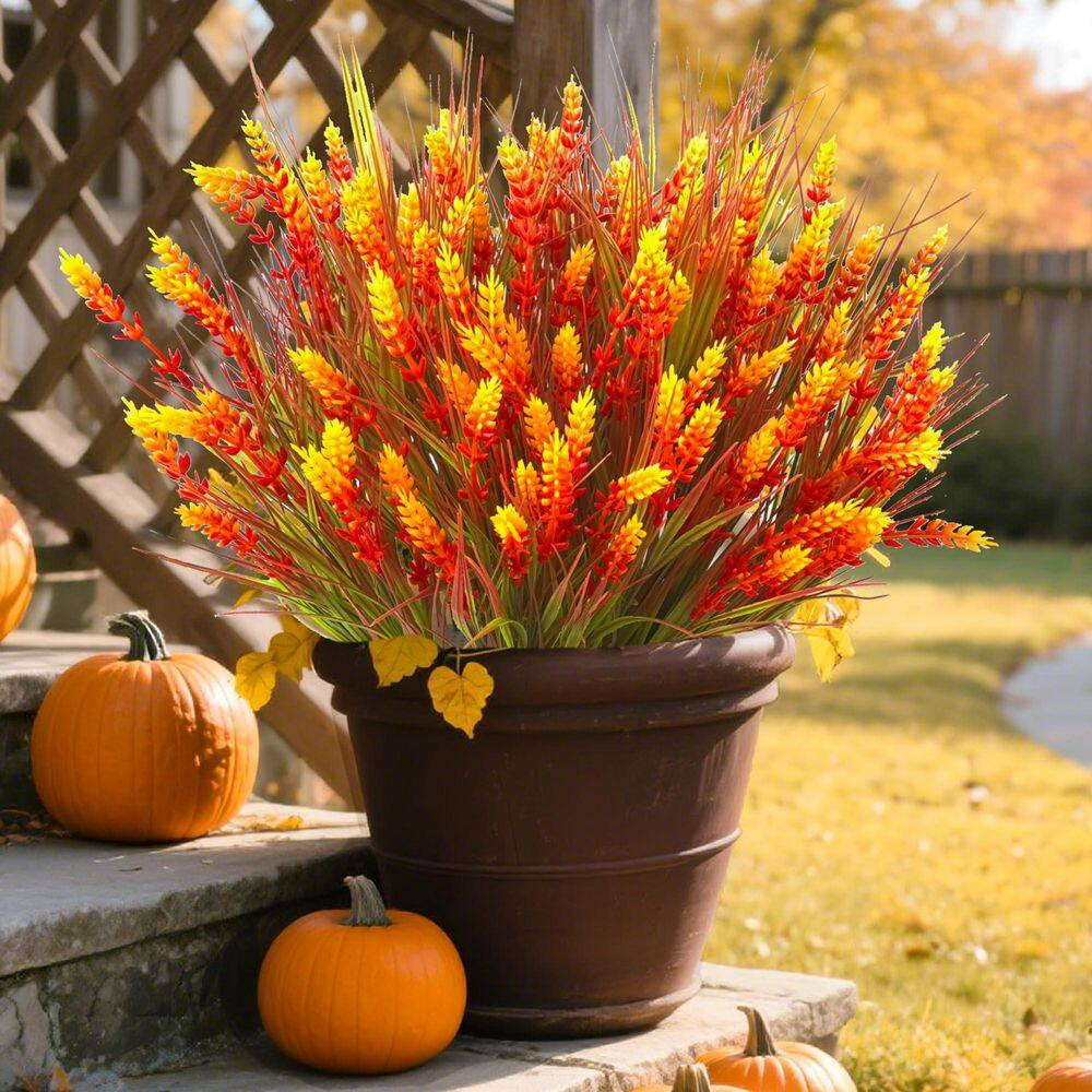 5 In. H Orange Artificial Mums Flowers 20-Piece UV Resistant Outdoor Fake Plants