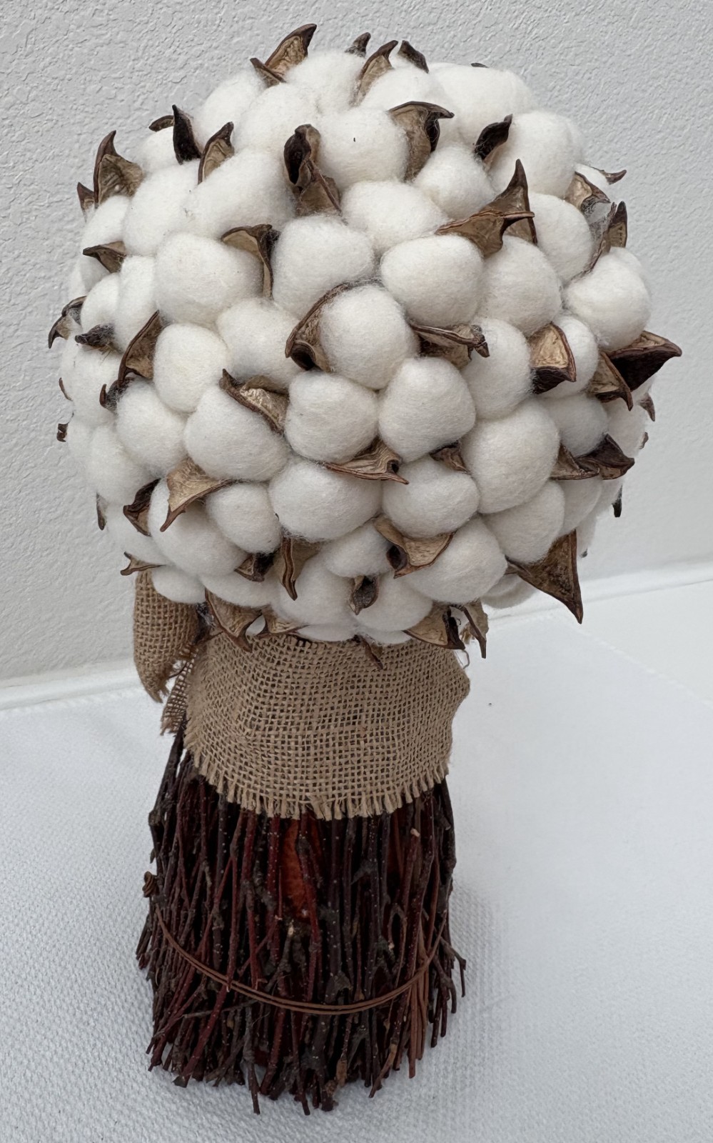 Cotton Stalk Bouquet Combined with Burlap Ribbon, Home Decor 13″x7″ (5″ at base)