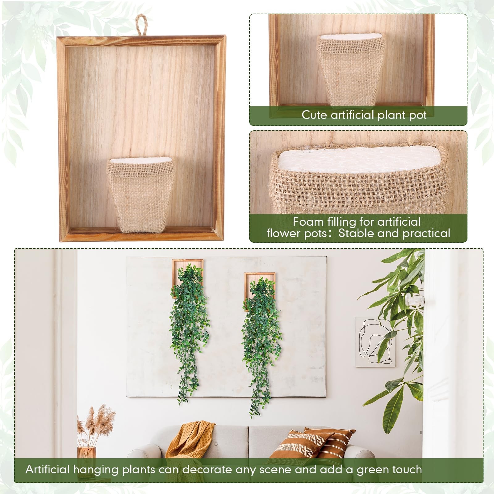 2 PCS Artificial Fake Hanging Plant Wooden Frame Mandala Leaf Vine Home Decor