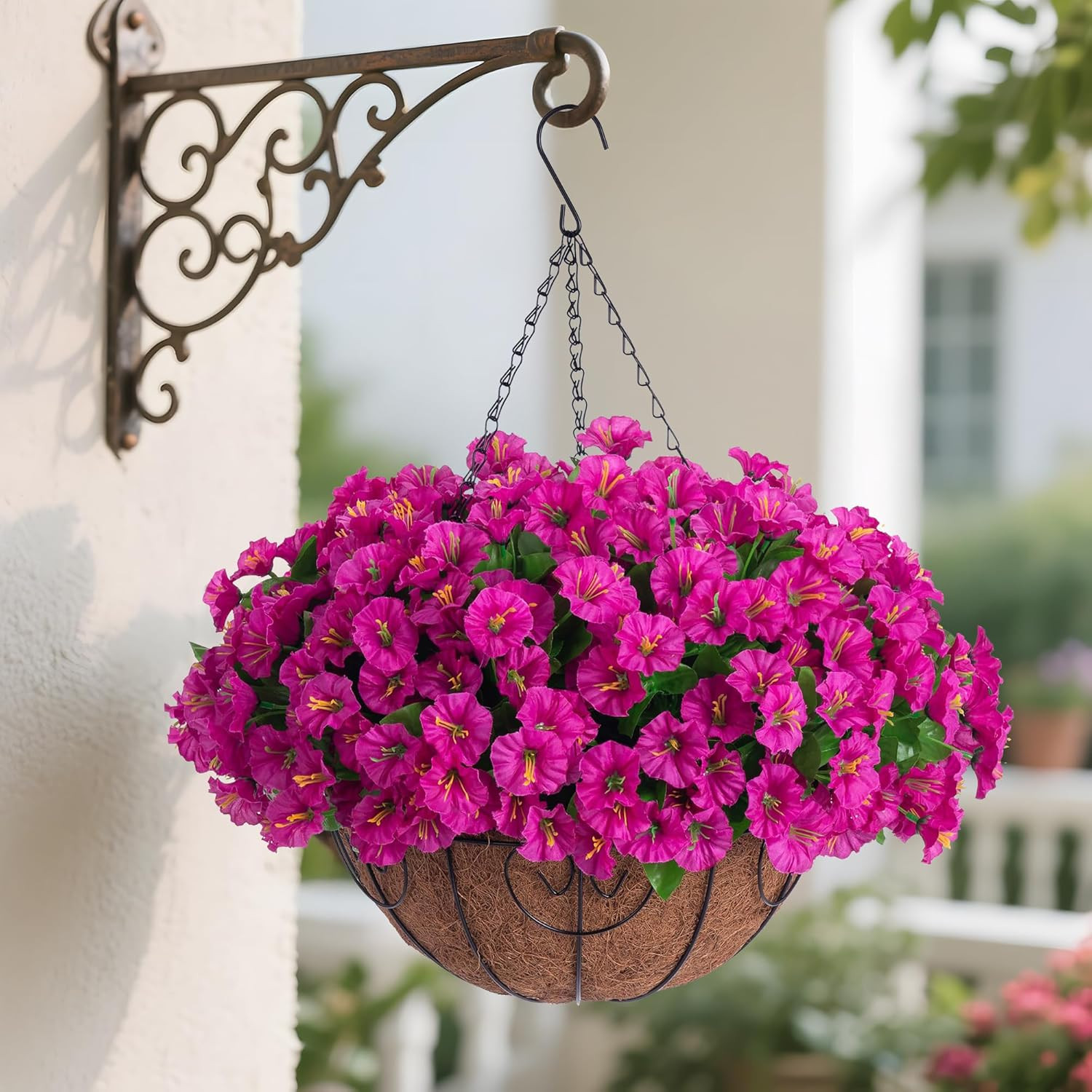Faux Petunias & Morning Glory in Basket for Outdoor Summer Garden Decor