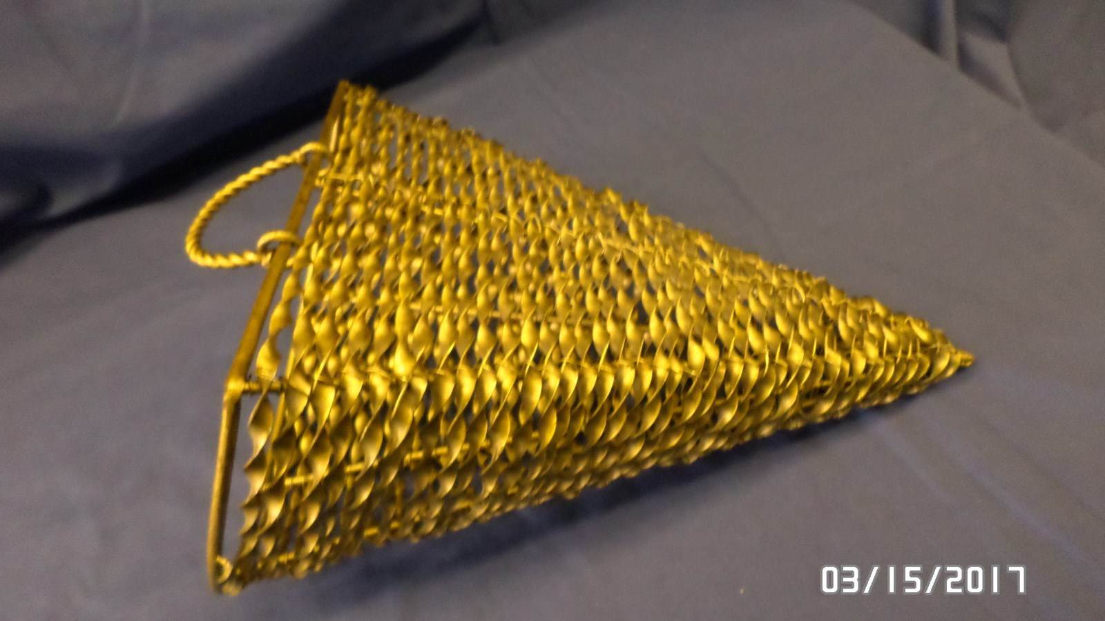 1849M Large Silk Flower Metal Hanging Basket Wall Hugger Cone Shaped Twist Brass