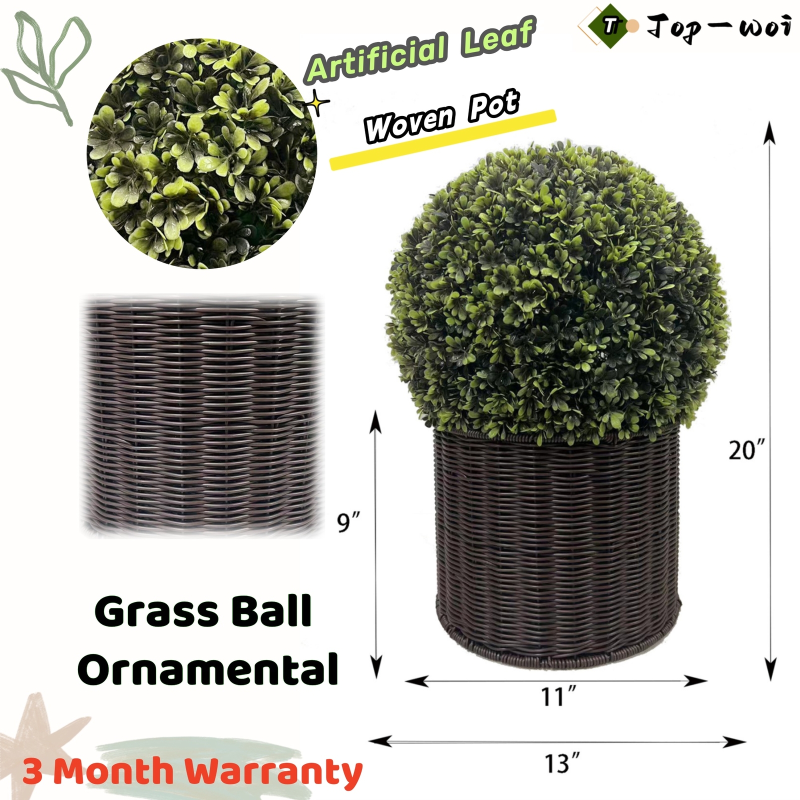 20 inch Artificial Faux Grass Spherical Ball Woven Pot Decoration Outdoor&Indoor