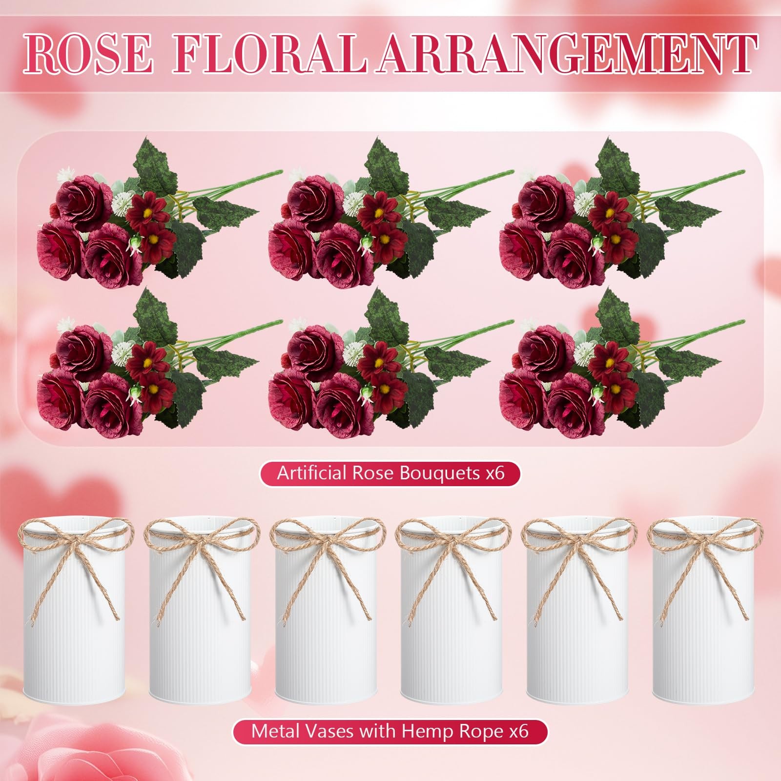 6 Sets Red Artificial Fake Rose Flower Metal Vase Wedding Centerpiece Floral