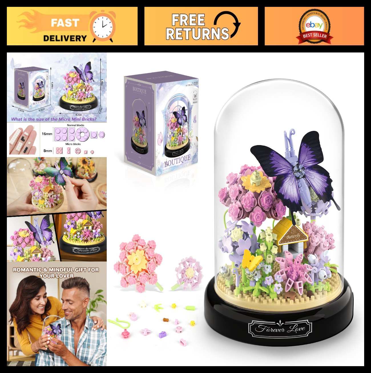 Flower Bouquet Building Kit 582 PCS – Mini Blocks Set for Adults, Valentine’s Gi